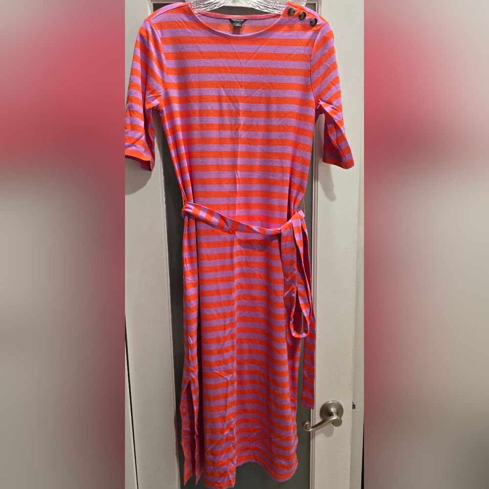 Ann Taylor Striped Orange & Purple Midi Dress with belt, side slit, Sz: XXS, NWT